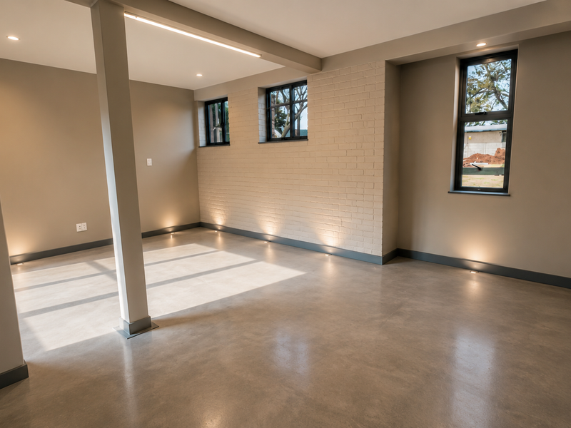 A modern, open-plan office space featuring polished concrete floors, an exposed brick feature wall, and contemporary recessed lighting throughout.