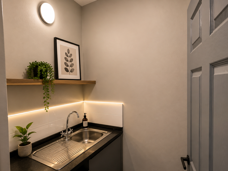 A compact, modern scullery or kitchenette area featuring a stainless steel sink, dark countertop, tiled splashback, and integrated LED lighting.