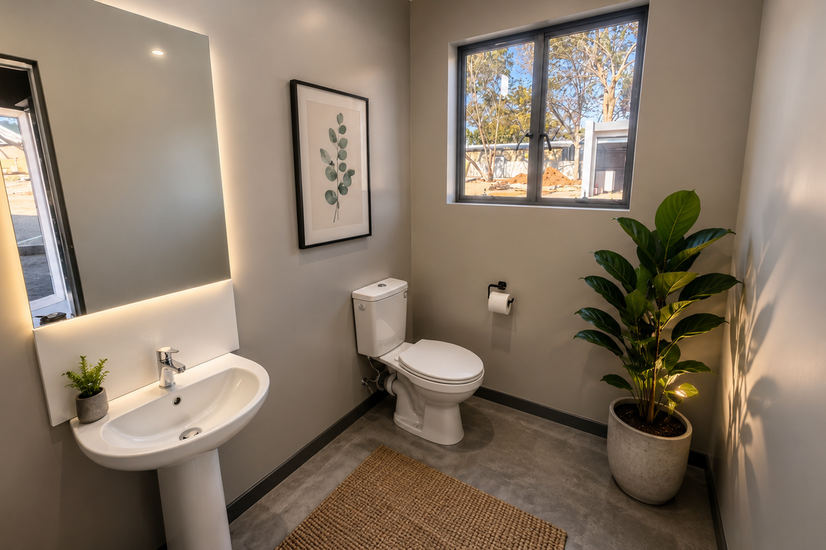 A modern, well-maintained bathroom featuring a pedestal sink, backlit mirror, and toilet with polished concrete flooring and natural light from a casement window.