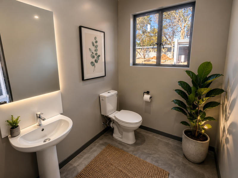 A modern, well-maintained bathroom featuring a pedestal sink, backlit mirror, and toilet with polished concrete flooring and natural light from a casement window.