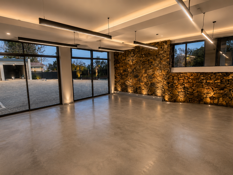 Modern open-plan office space featuring polished concrete floors, a striking stone feature wall, and extensive glass sliding doors providing ample natural light.