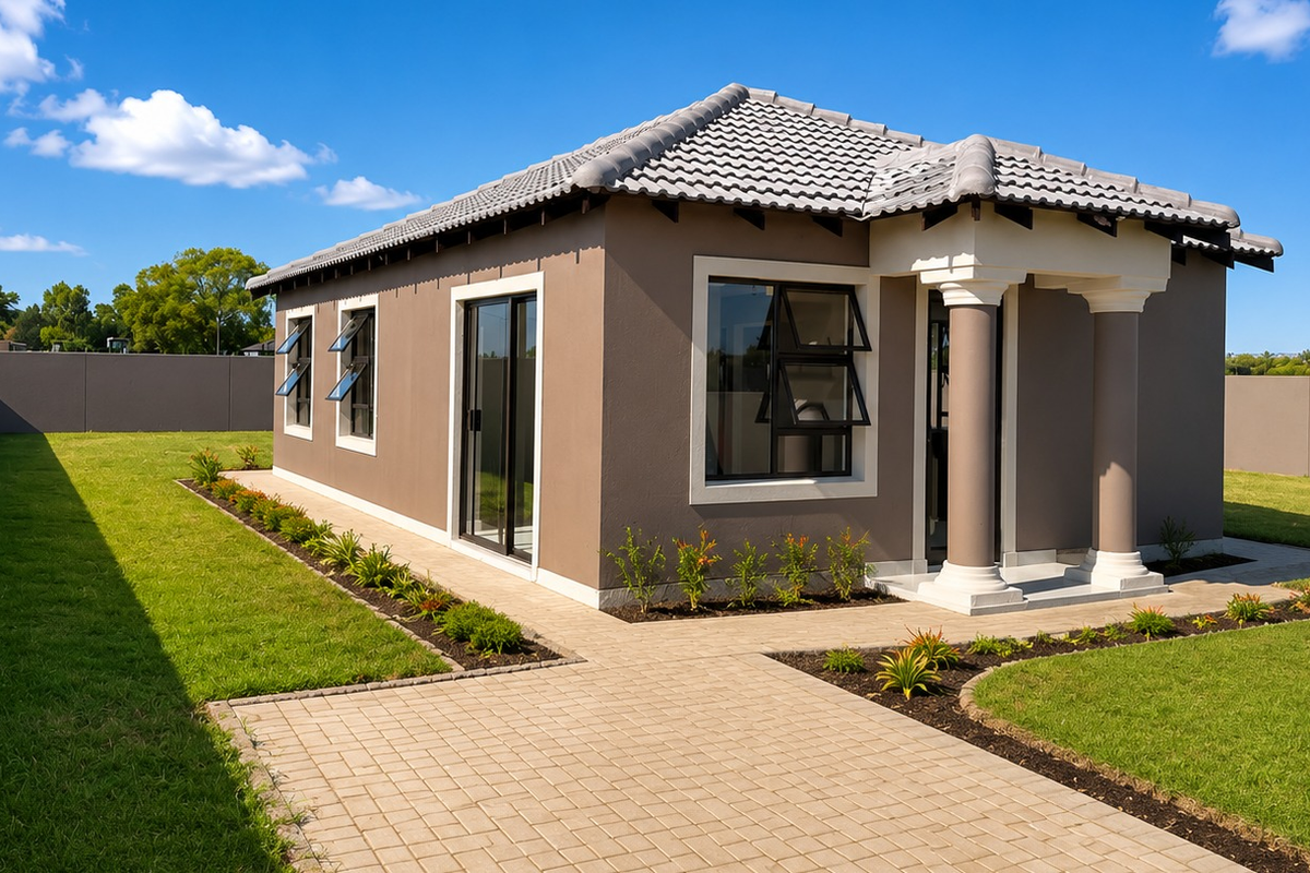 A well-maintained single-story house exterior featuring a tiled roof, paved walkway, and a landscaped garden with a perimeter wall.