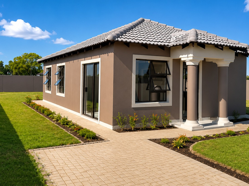 A well-maintained single-story house exterior featuring a tiled roof, paved walkway, and a landscaped garden with a perimeter wall.