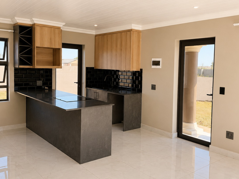 Modern kitchen featuring a central island, sleek stone countertops, wood-finish cabinetry, black subway tile backsplash, and direct access to the outdoor patio area.