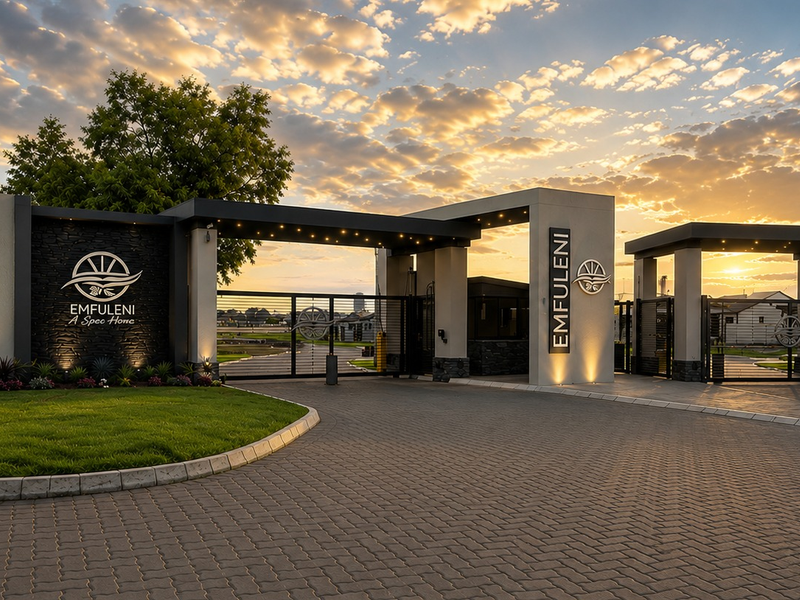Modern gated estate entrance featuring stone-clad pillars, integrated security gates, paved driveway, and professional landscape lighting at sunset.