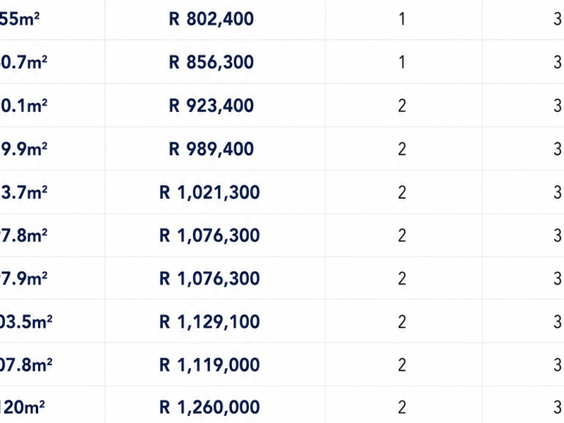 A table displaying property unit sizes, pricing, and configuration details.