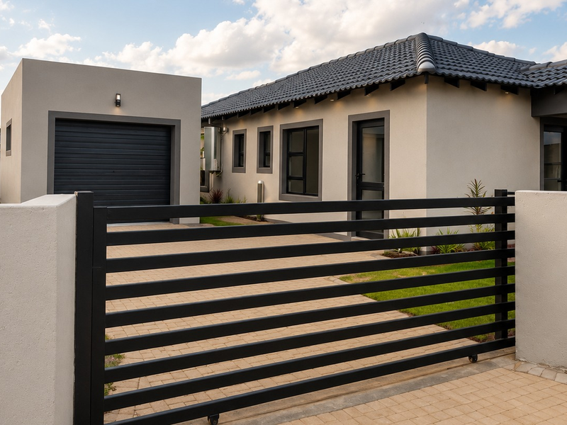 Modern single-story home featuring a tiled roof, paved driveway, secure sliding gate, and a dedicated garage, set within a well-maintained property boundary.