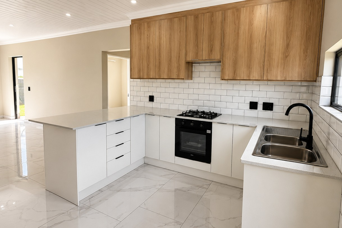 Modern kitchen featuring light wood upper cabinets, white lower cabinetry, stone countertops, subway tile backsplash, and integrated gas hob and oven.