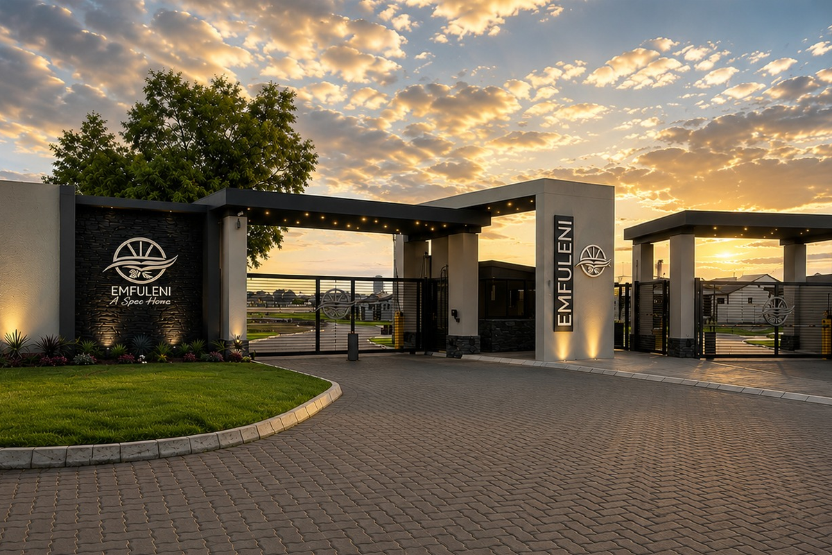 Modern gated estate entrance featuring stone-clad pillars, integrated lighting, and a paved driveway at sunset.