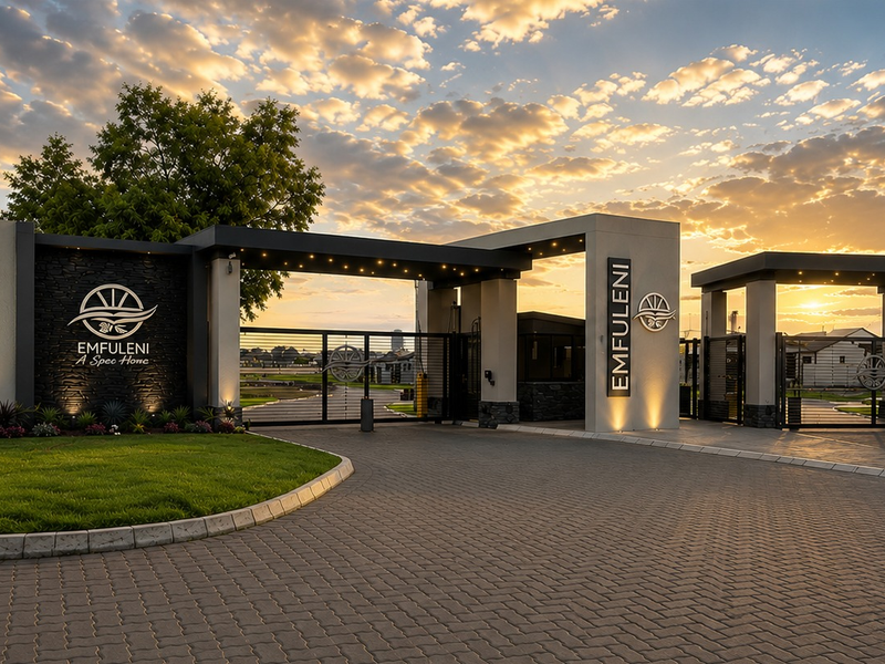 Modern gated estate entrance featuring stone-clad pillars, integrated lighting, and a paved driveway at sunset.