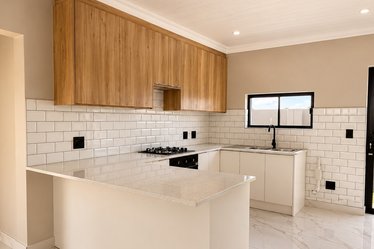 Modern kitchen featuring light wood cabinetry, stone countertops, subway tile backsplash, gas hob, and integrated oven with direct access to the exterior.