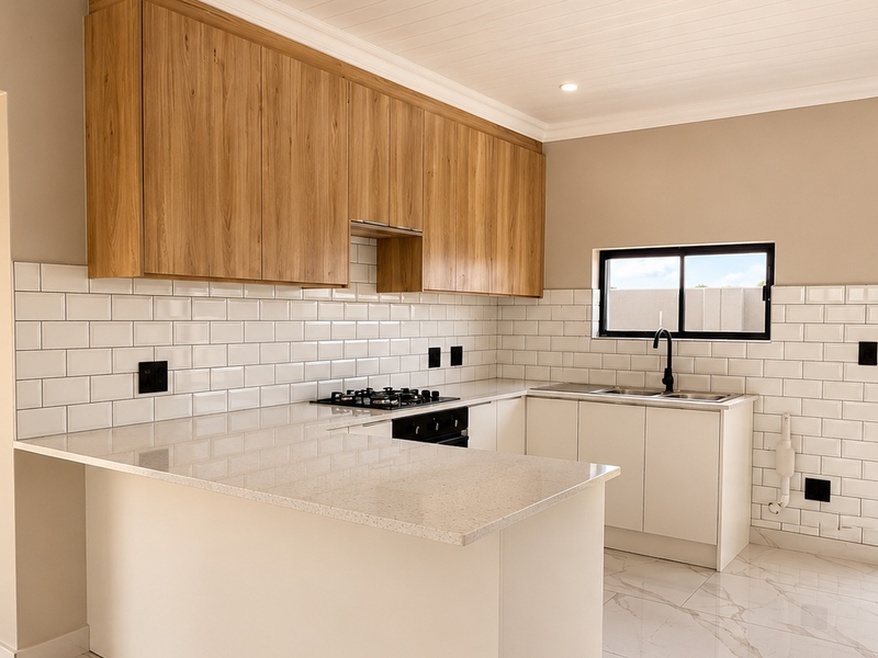 Modern kitchen featuring light wood cabinetry, stone countertops, subway tile backsplash, gas hob, and integrated oven with direct access to the exterior.