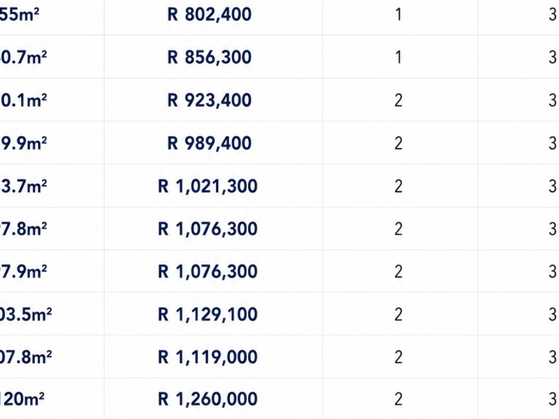 A table displaying property unit sizes, pricing, and unit configurations.