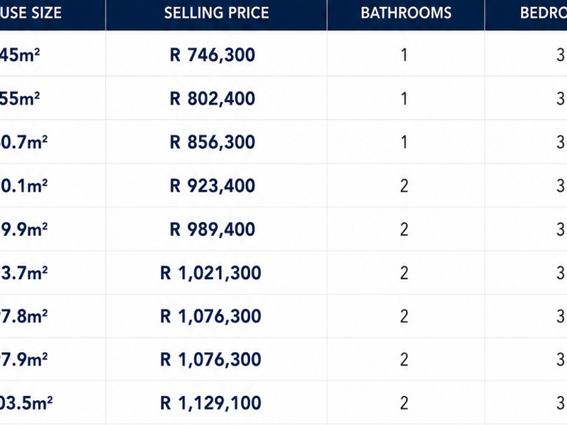 A pricing table outlining various house sizes, selling prices, and the number of bathrooms and bedrooms available for the property development.