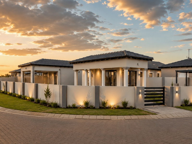 A modern residential property exterior featuring a tiled roof, perimeter wall with integrated lighting, and a paved driveway at sunset.