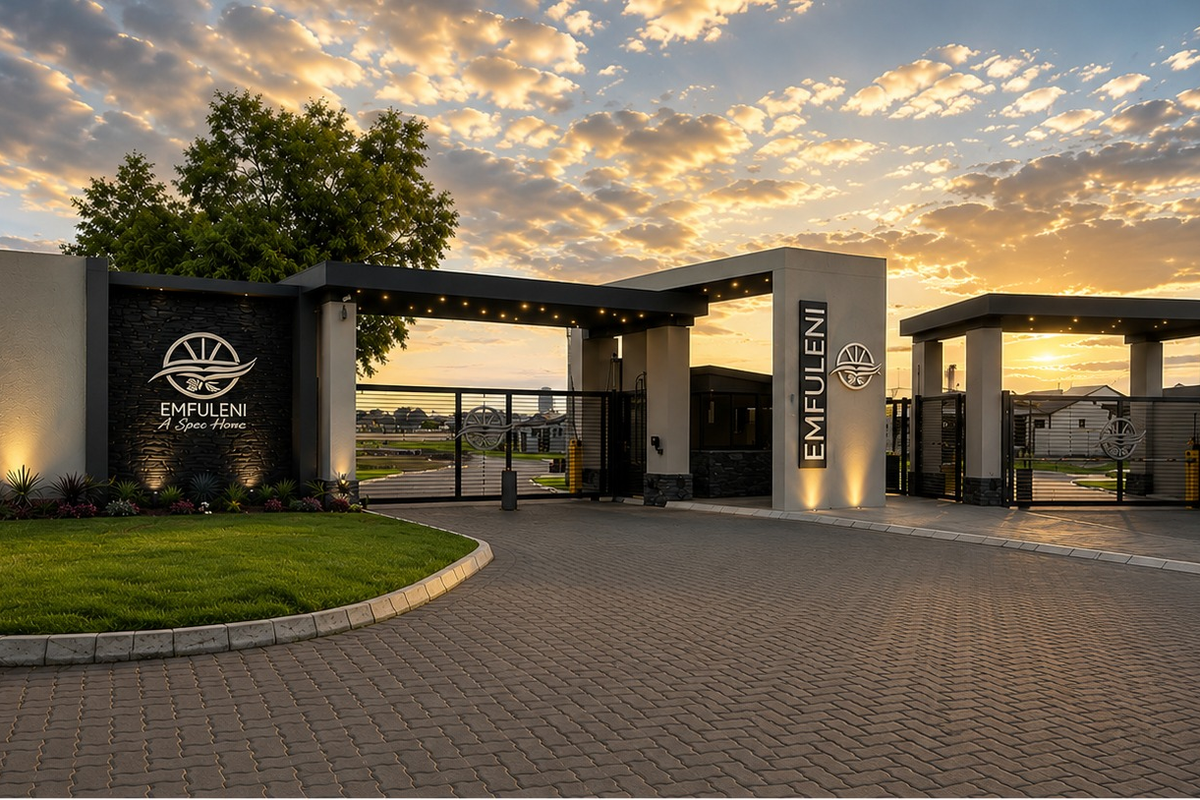 Modern gated entrance to Emfuleni estate featuring stone-clad pillars, paved driveway, security gates, and professional landscape lighting at sunset.