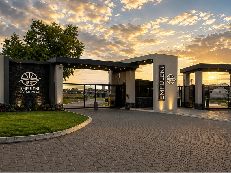 Modern gated entrance to Emfuleni estate featuring stone-clad pillars, paved driveway, security gates, and professional landscape lighting at sunset.