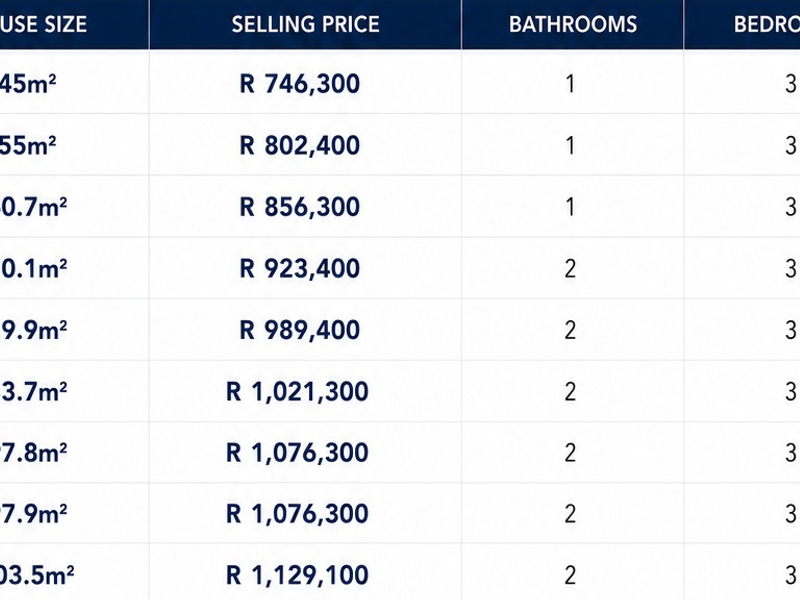 A pricing table displaying various house sizes, selling prices, and the number of bathrooms and bedrooms available for the property development.