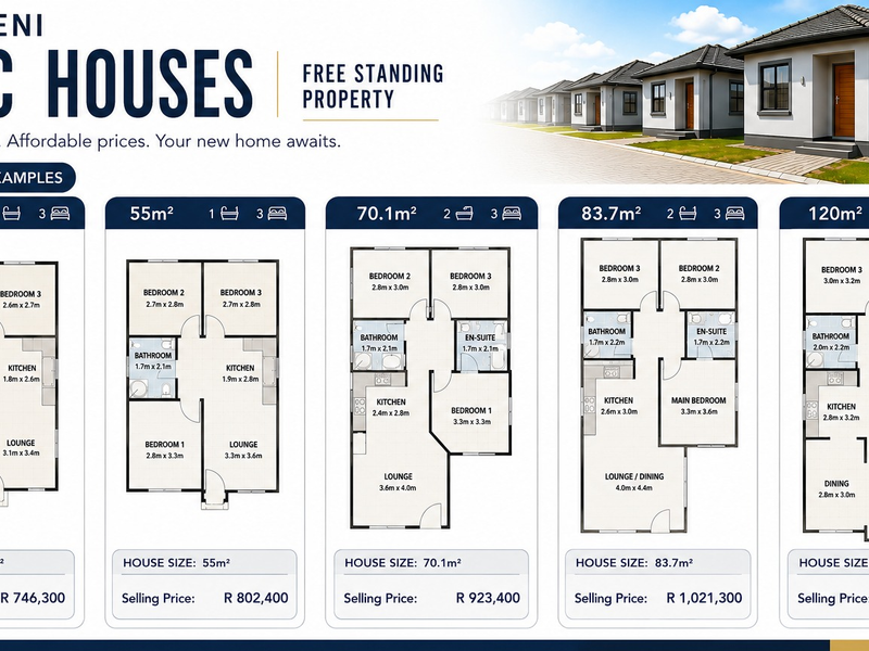 A promotional graphic displaying various floor plan layouts and pricing for new freestanding spec houses in Emfuleni.