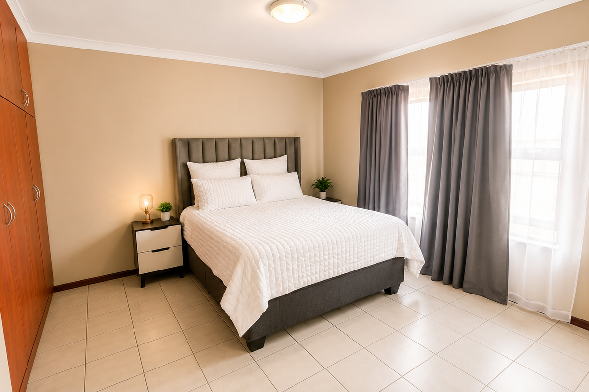 A well-maintained bedroom featuring tiled flooring, a large built-in wardrobe, and natural light through window curtains.