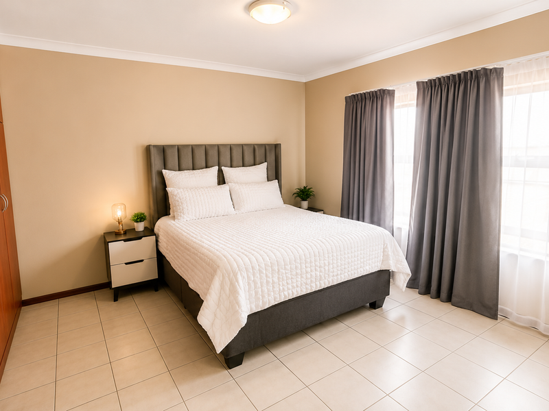 A well-maintained bedroom featuring tiled flooring, a large built-in wardrobe, and natural light through window curtains.