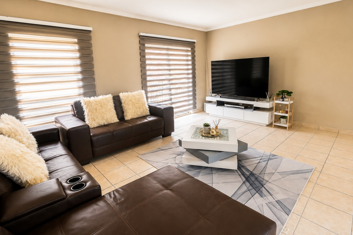 A well-maintained living room featuring neutral wall tones, tiled flooring, and dual roller blinds providing natural light control.