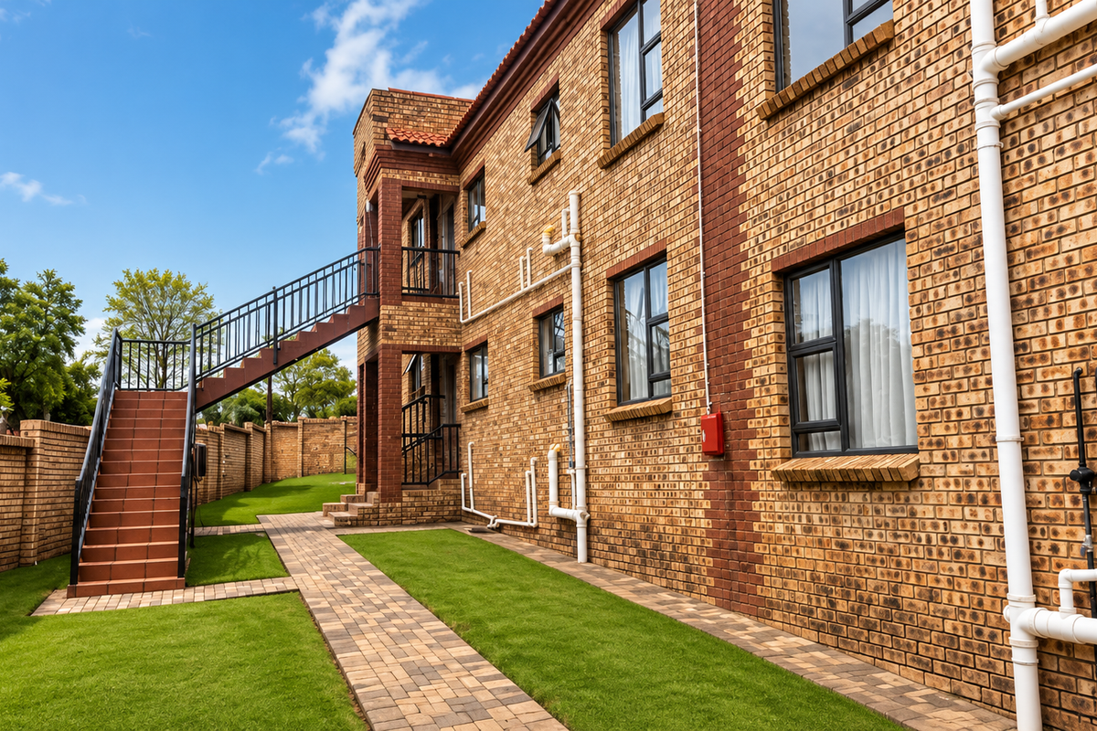 Rear view of a face brick apartment building featuring an external staircase, paved walkways, and a well-maintained lawn area.