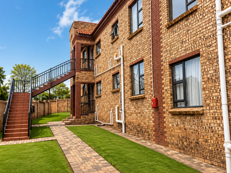 Rear view of a face brick apartment building featuring an external staircase, paved walkways, and a well-maintained lawn area.