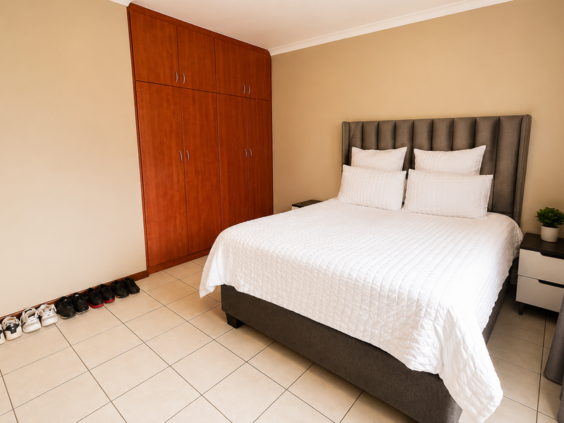 A well-maintained bedroom featuring neutral walls, tiled flooring, and ample built-in cupboard storage space.