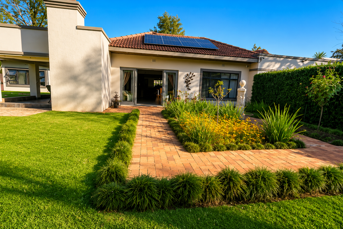 A well-maintained rear exterior featuring a landscaped garden, brick paved pathways, a covered patio area, and roof-mounted solar panels.