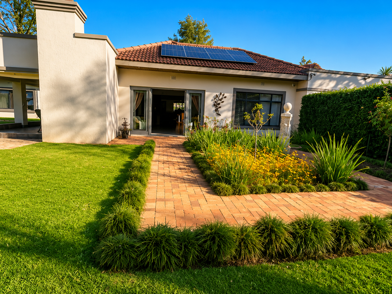 A well-maintained rear exterior featuring a landscaped garden, brick paved pathways, a covered patio area, and roof-mounted solar panels.