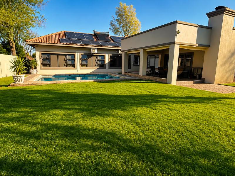 Rear view of the property featuring a well-maintained lawn, swimming pool, covered patio with an outdoor fireplace, and roof-mounted solar energy system.