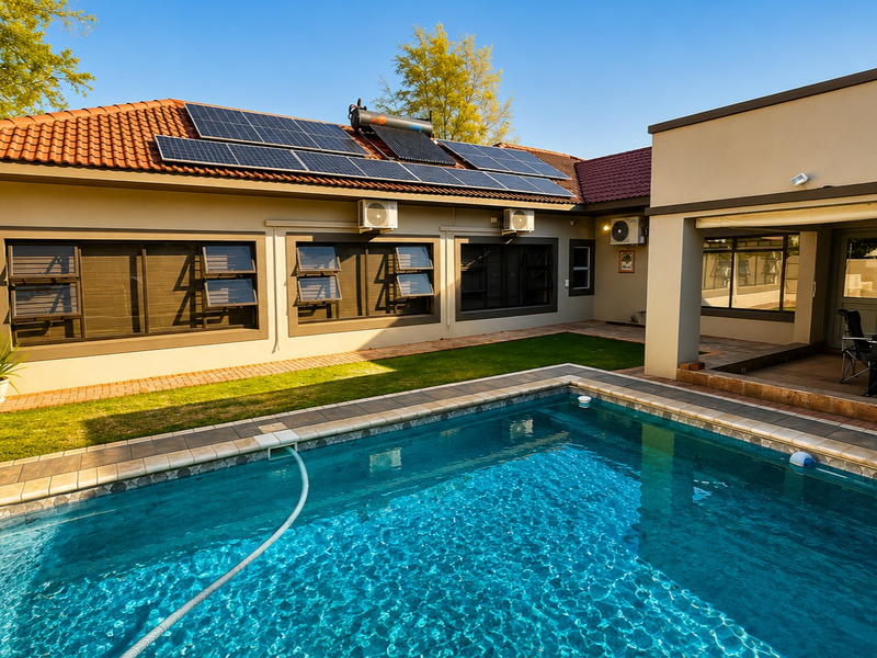 Rear exterior view featuring a swimming pool, paved patio area, and a well-maintained building facade equipped with solar panels and air conditioning units.