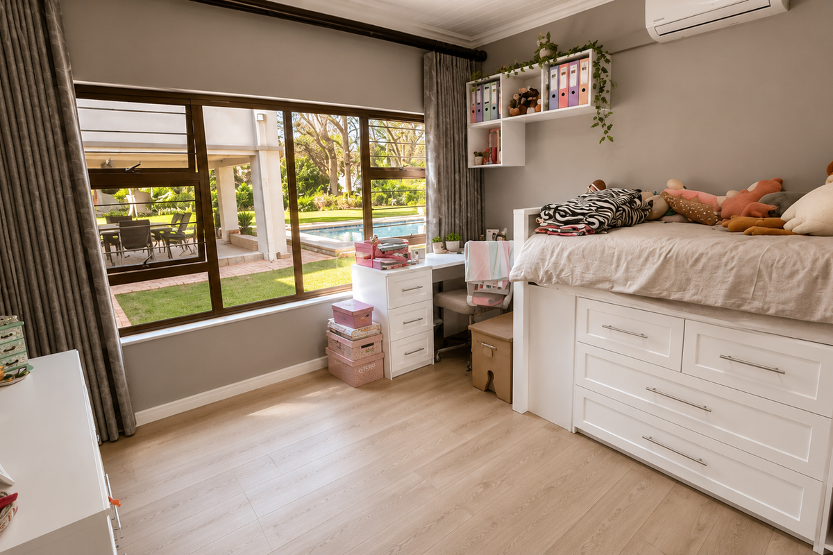 A bright bedroom featuring laminate flooring, built-in storage cabinetry, and a wall-mounted air conditioning unit, with large windows overlooking the garden and pool area.