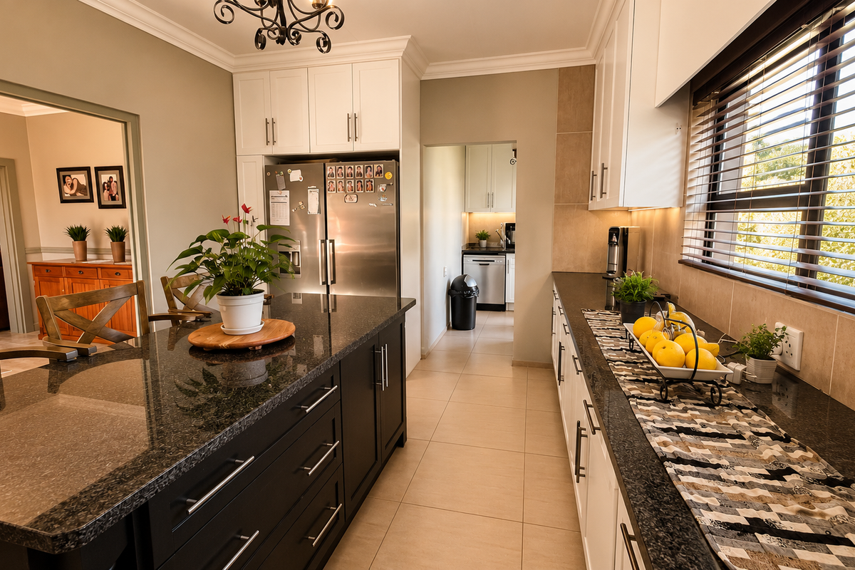 Modern kitchen featuring a central island with granite countertops, ample built-in cabinetry, and tiled flooring, with a seamless transition to the adjacent scullery area.