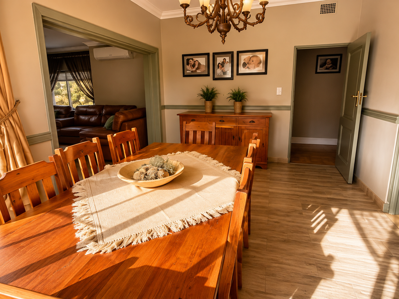 A well-maintained dining room featuring wood-look tile flooring, a classic chandelier, and neutral wall tones with decorative chair rail molding.