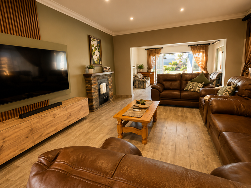 Spacious living room featuring wood-look tile flooring, a stone-clad fireplace with a built-in stove, and a modern timber slat feature wall.