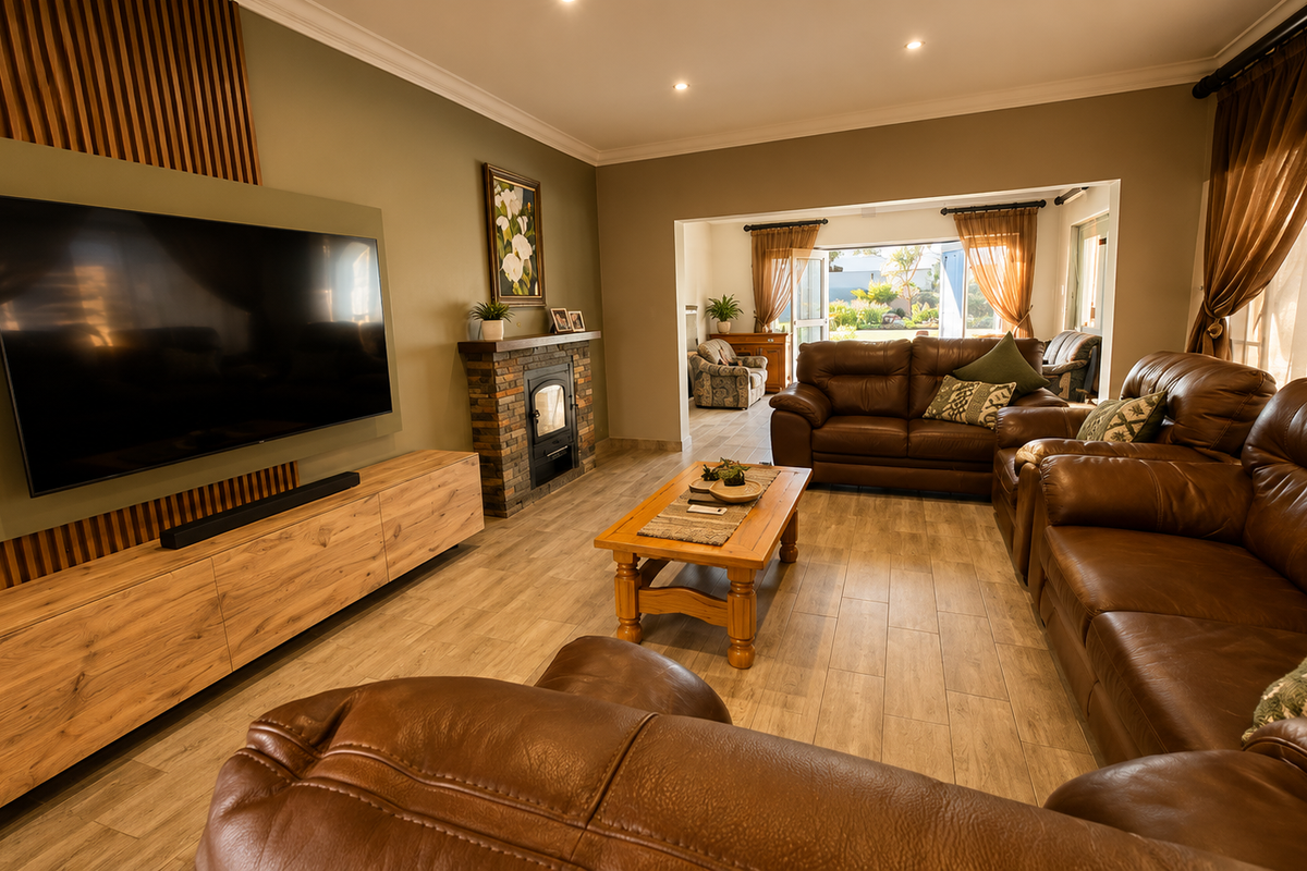 Spacious living room featuring wood-look tile flooring, a stone-clad fireplace with a built-in stove, and a modern timber slat feature wall.