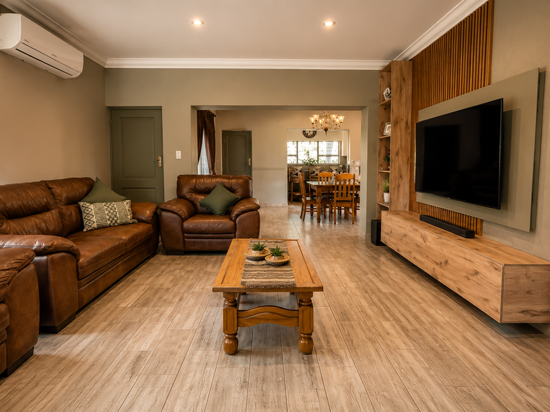 Spacious open-plan living area featuring wood-look tile flooring, a modern stone-clad fireplace, and custom built-in media cabinetry with slatted wood accents.