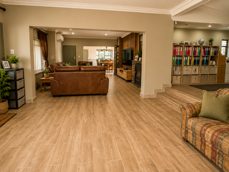 Spacious open-plan living area featuring wood-look tile flooring, a built-in fireplace, and a raised multi-purpose zone, creating a versatile and well-maintained home layout.