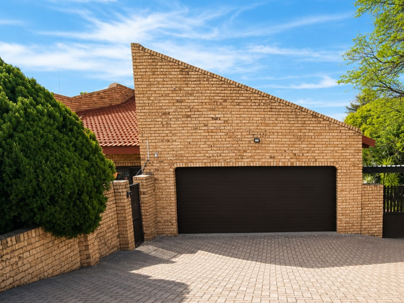 Front view of the property featuring a distinctive brick facade, a secure garage door, and a well-maintained paved driveway.