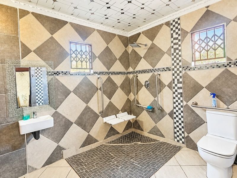 A functional bathroom featuring a walk-in shower with grab rails, a wall-mounted basin, and a toilet, finished with decorative diamond-patterned wall tiles.