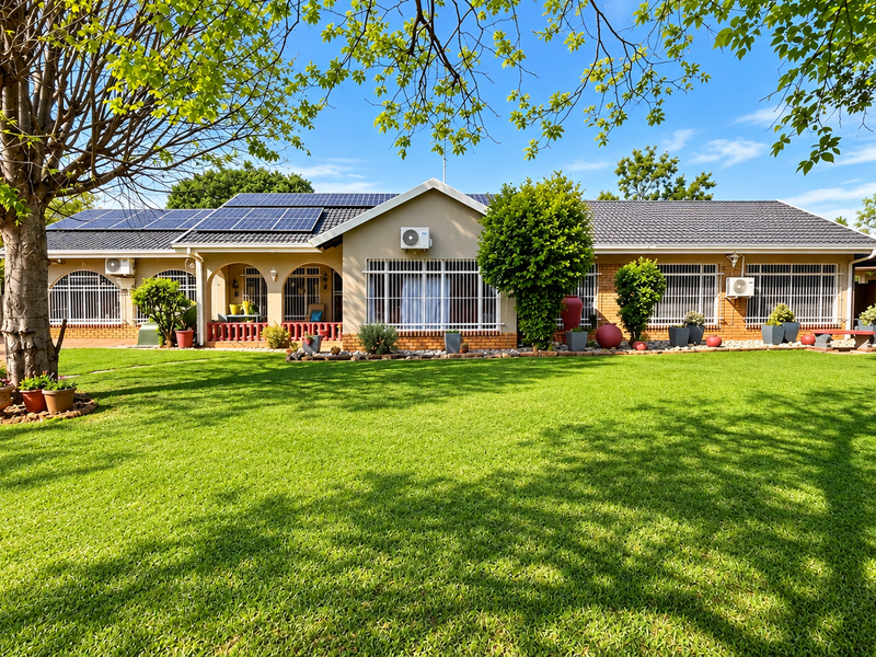 A well-maintained single-story home featuring a spacious lawn, solar panels, and secure window treatments, set within a neatly landscaped garden.