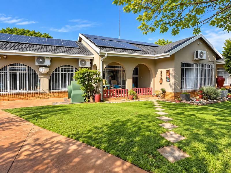 Front elevation of a well-maintained single-story house featuring solar panels, arched windows with security bars, split-system air conditioning, and a landscaped front garden.