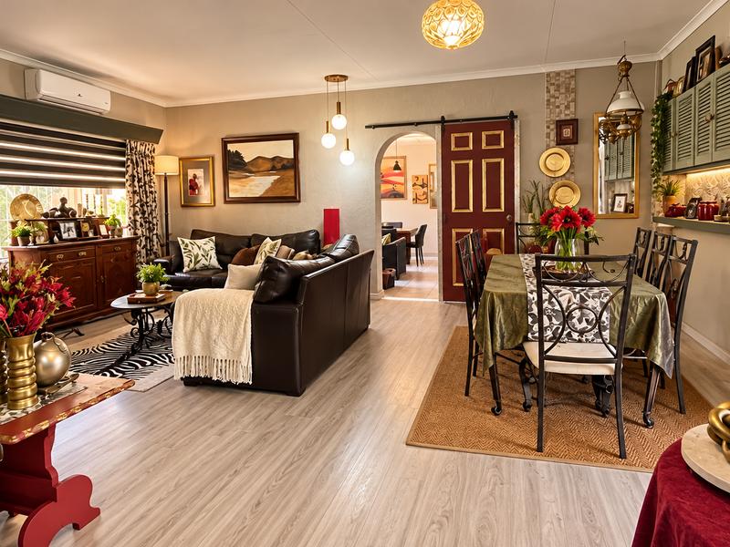 An open-plan living and dining area featuring light wood-look flooring, a brick feature pillar, and a sliding barn door leading to an adjacent room.