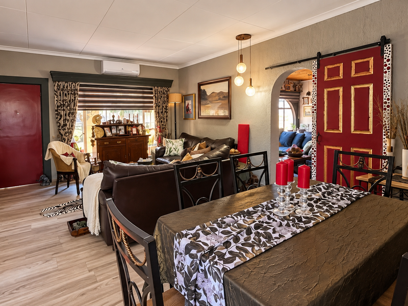 Open-plan living and dining area featuring laminate flooring, a distinctive red sliding barn door, and an arched transition to an adjacent room.