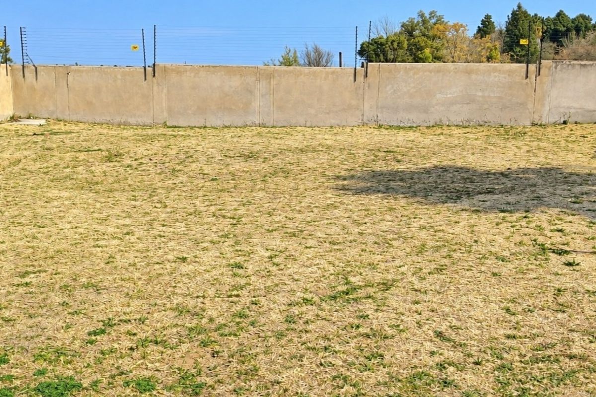 A vacant residential plot featuring a perimeter wall with installed electric fencing and dry grass coverage.