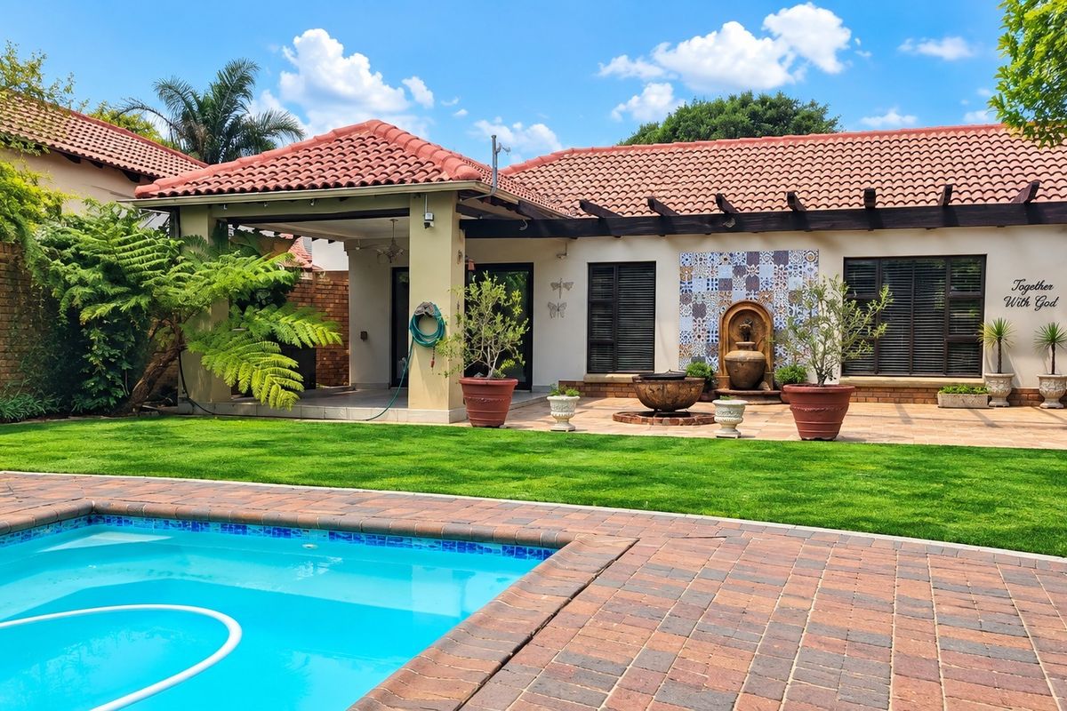 A well-maintained rear exterior featuring a swimming pool, paved patio area, pergola, and decorative water feature set against a landscaped garden.