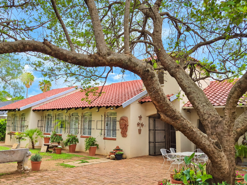A charming rear exterior view featuring a terracotta tiled roof, brick paved patio, and mature trees providing shade over the garden area.