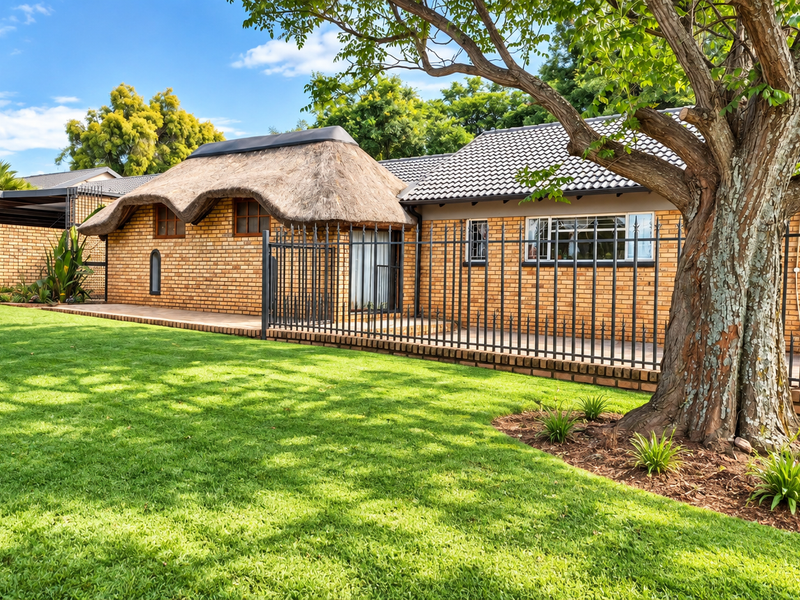 A well-maintained rear garden featuring a combination of thatched and tiled roof sections, brick exterior walls, and secure metal fencing.
